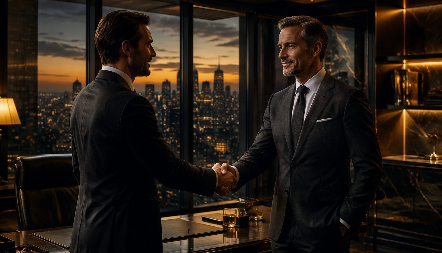 Two men shake hands in an office at dusk